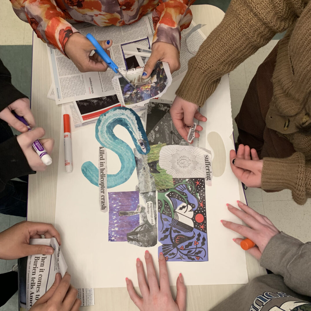 students working on a collage