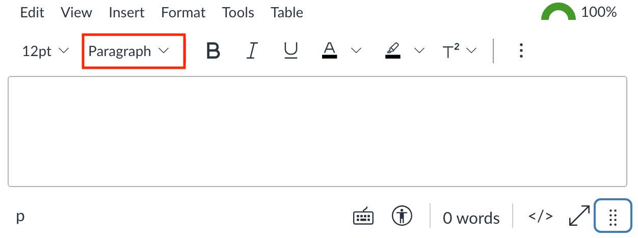 Screenshot of a portion of the editing view in Canvas. A red rectangle is highlighting the paragraph drop down menu.