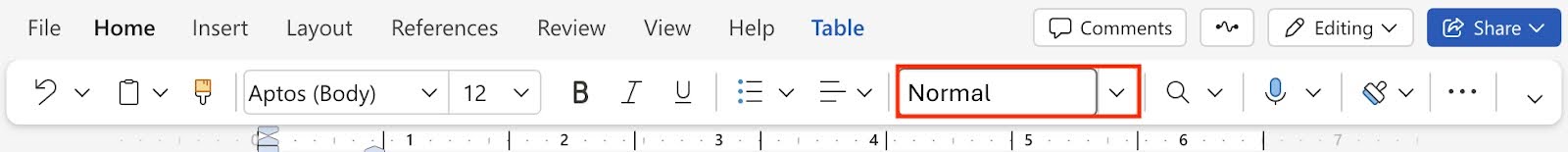 Screenshot of a portion of the Microsoft Word editing menu. There is a red rectangle around a drop down option for headings that says Normal.