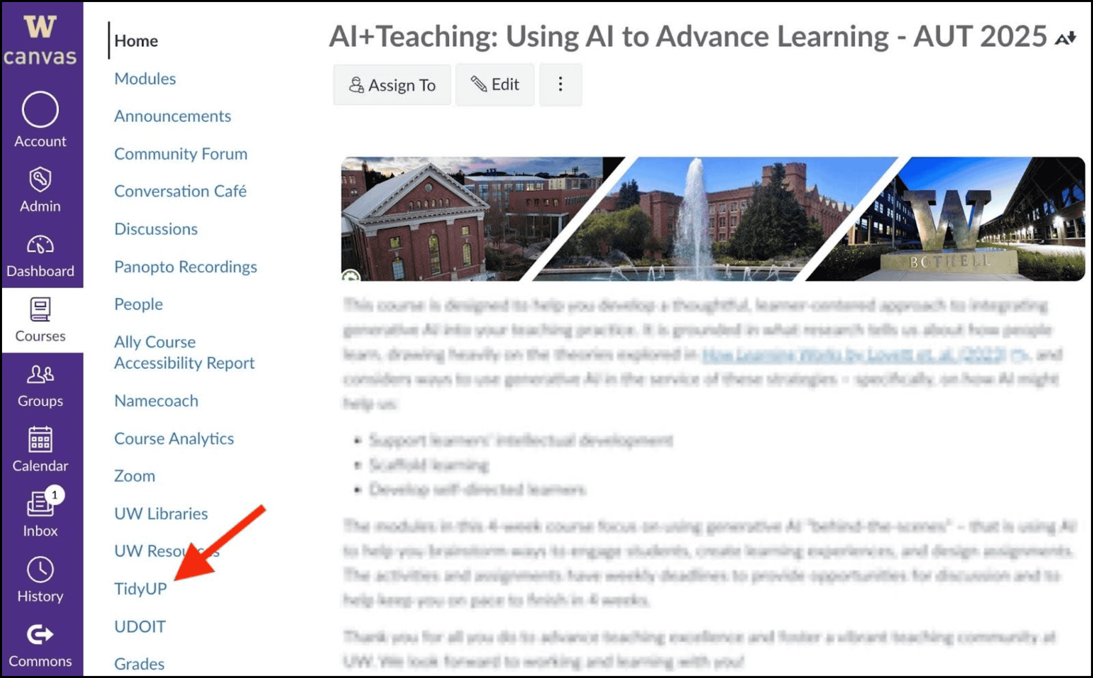 A Canvas page with an arrow pointing to the TidyUP option in the Canvas navigation menu
