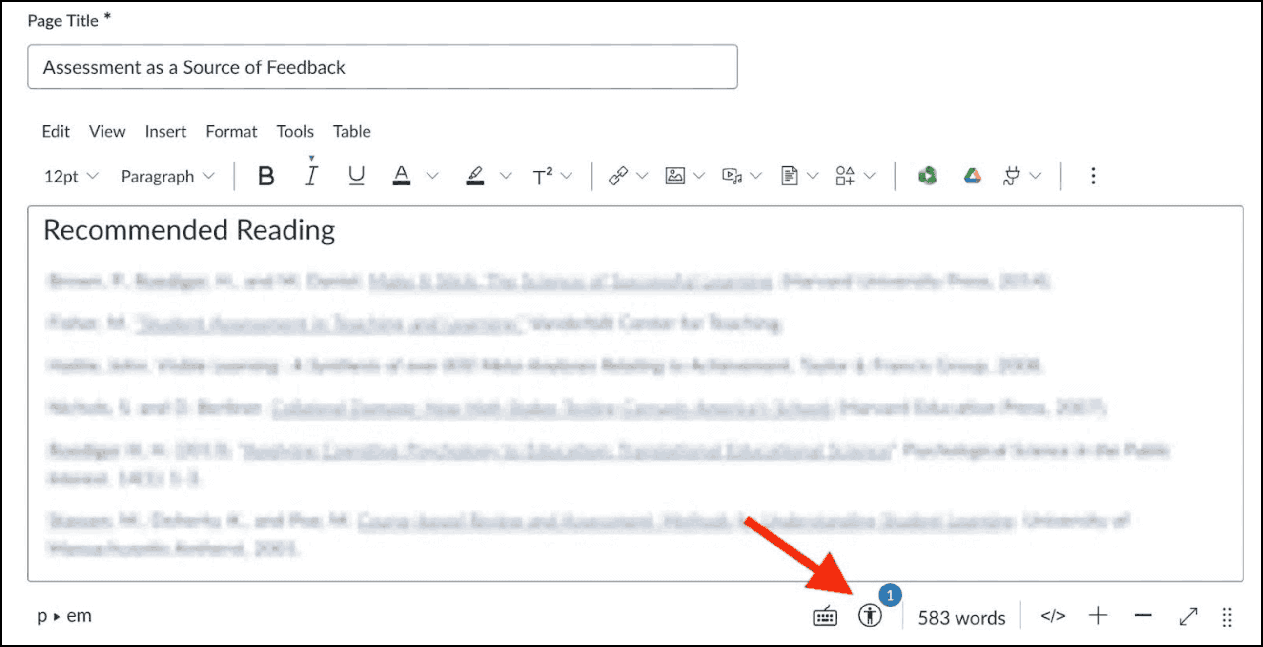 A canvas page with an arrow pointing to the Canvas accessibility checker: a circle icon with a human figure
