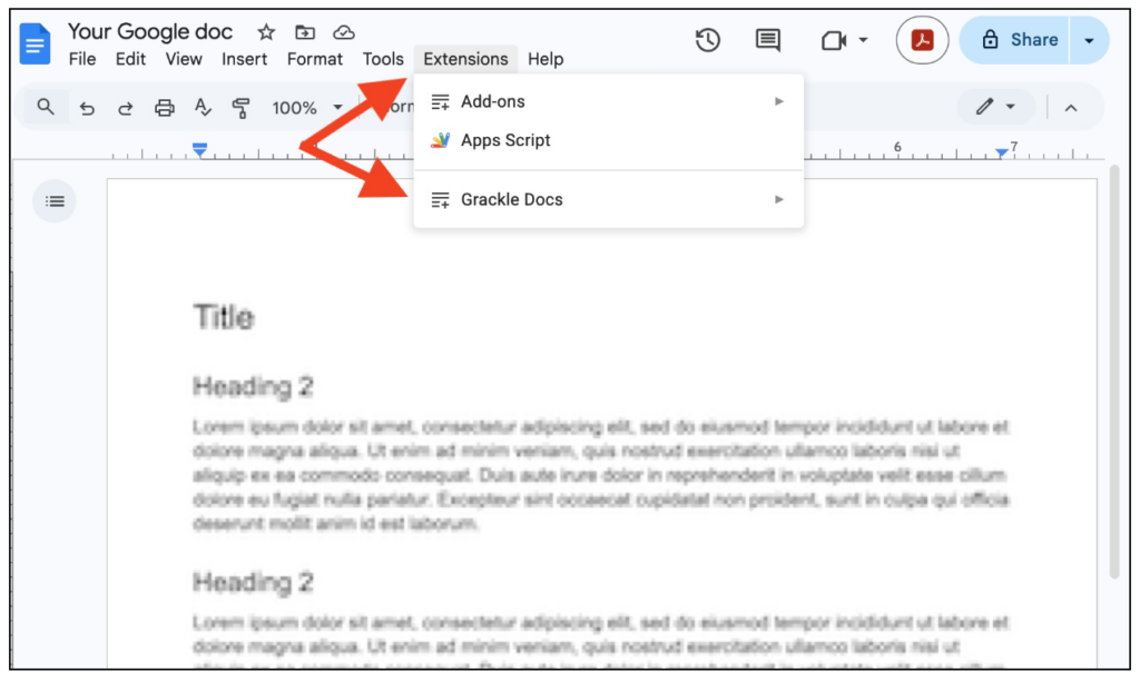 Location of Grackle accessibility checker in Google Docs.