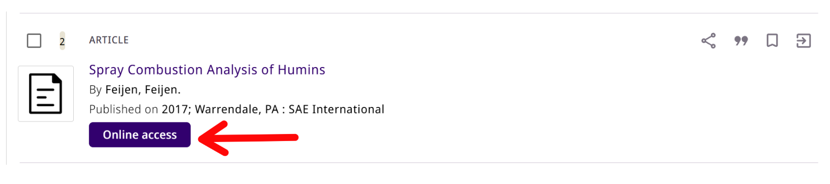 Red arrow pointing to the Online Access button on the article record page.