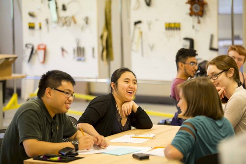 students talking in groups